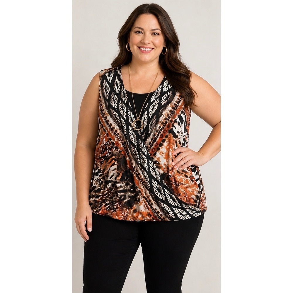 Avenue Women 18/20 Orange Mixed Animal Print Faux Wrap Sleeveless Surplice Top